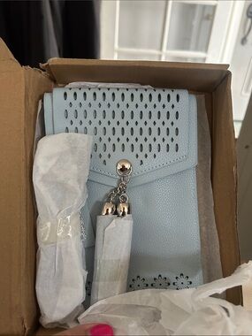 Light Blue Mini Crossbody Phone Bag with Tassel Accent